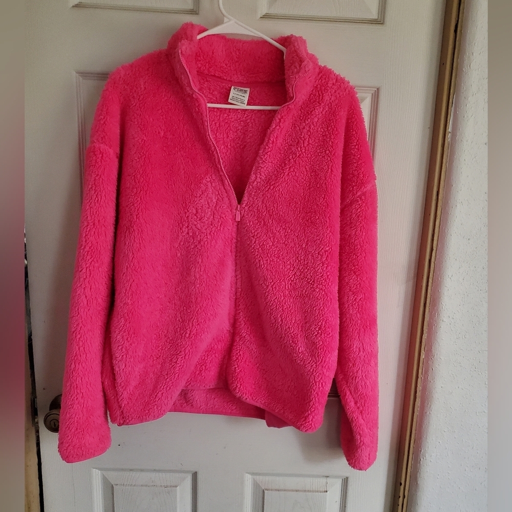 Pink Victoria's Secret Sherpa Bright Pink Fuzzy Full Zip Womans Jacket, Size S